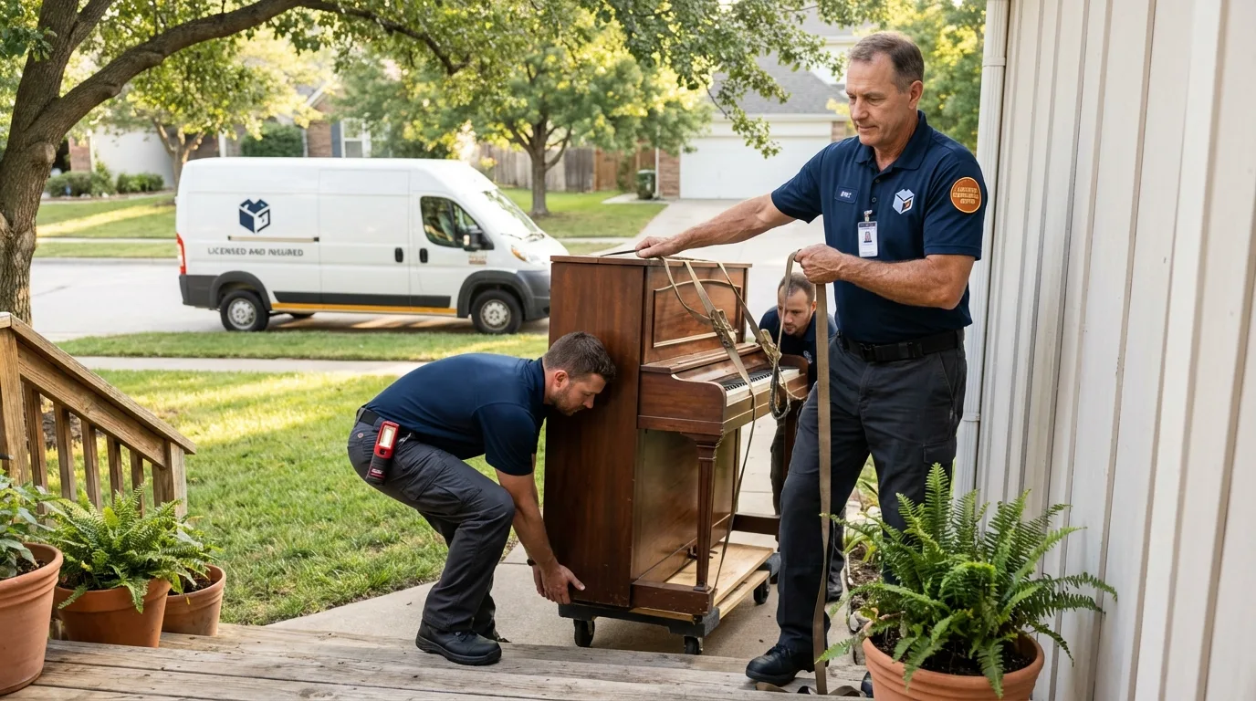 Licensed piano movers securing grand piano in Rindge, NH