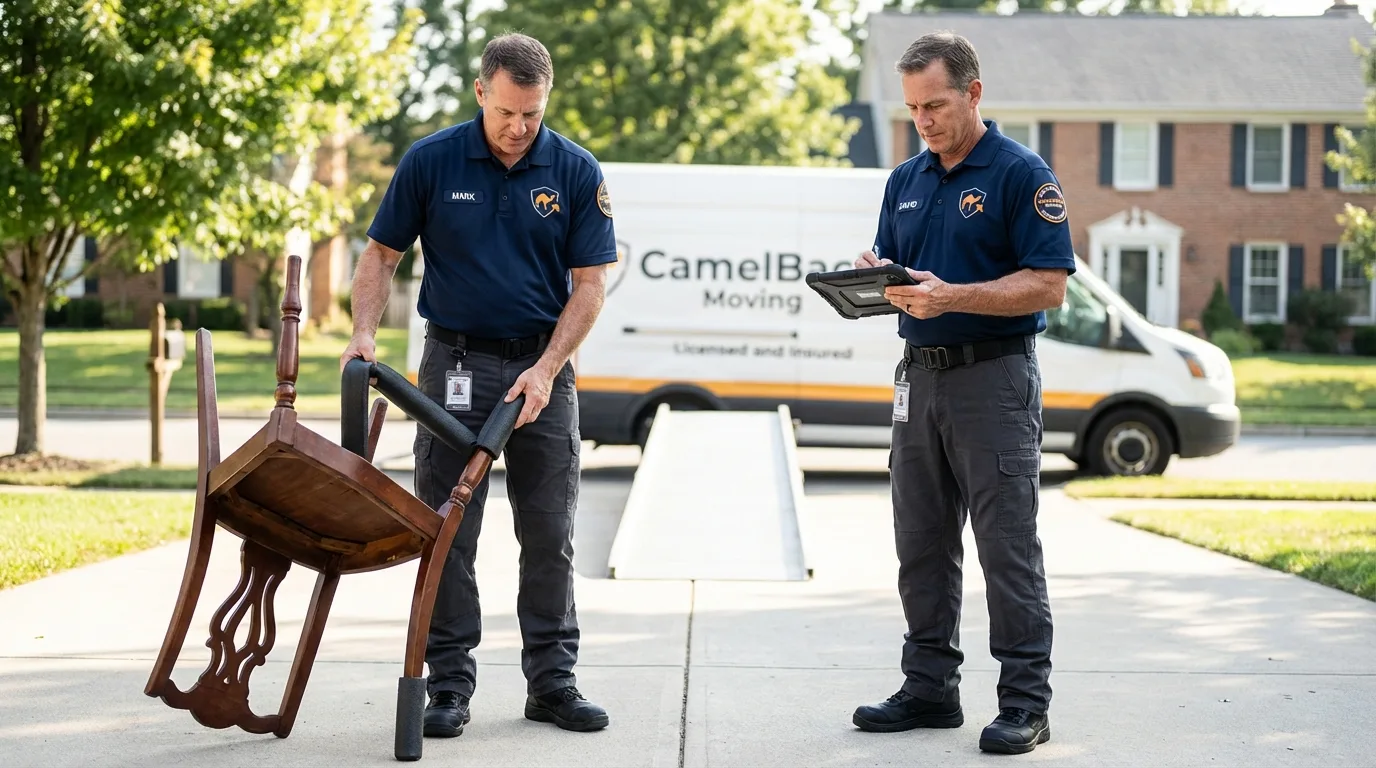 Movers inspecting furniture for damage prevention before loading in Rindge, NH