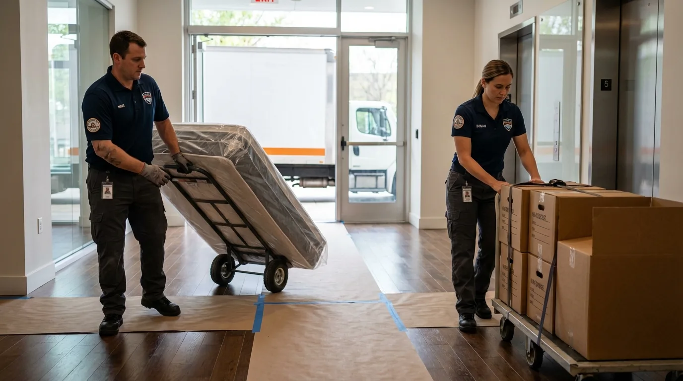 Professional apartment movers loading elevator in Rindge, NH