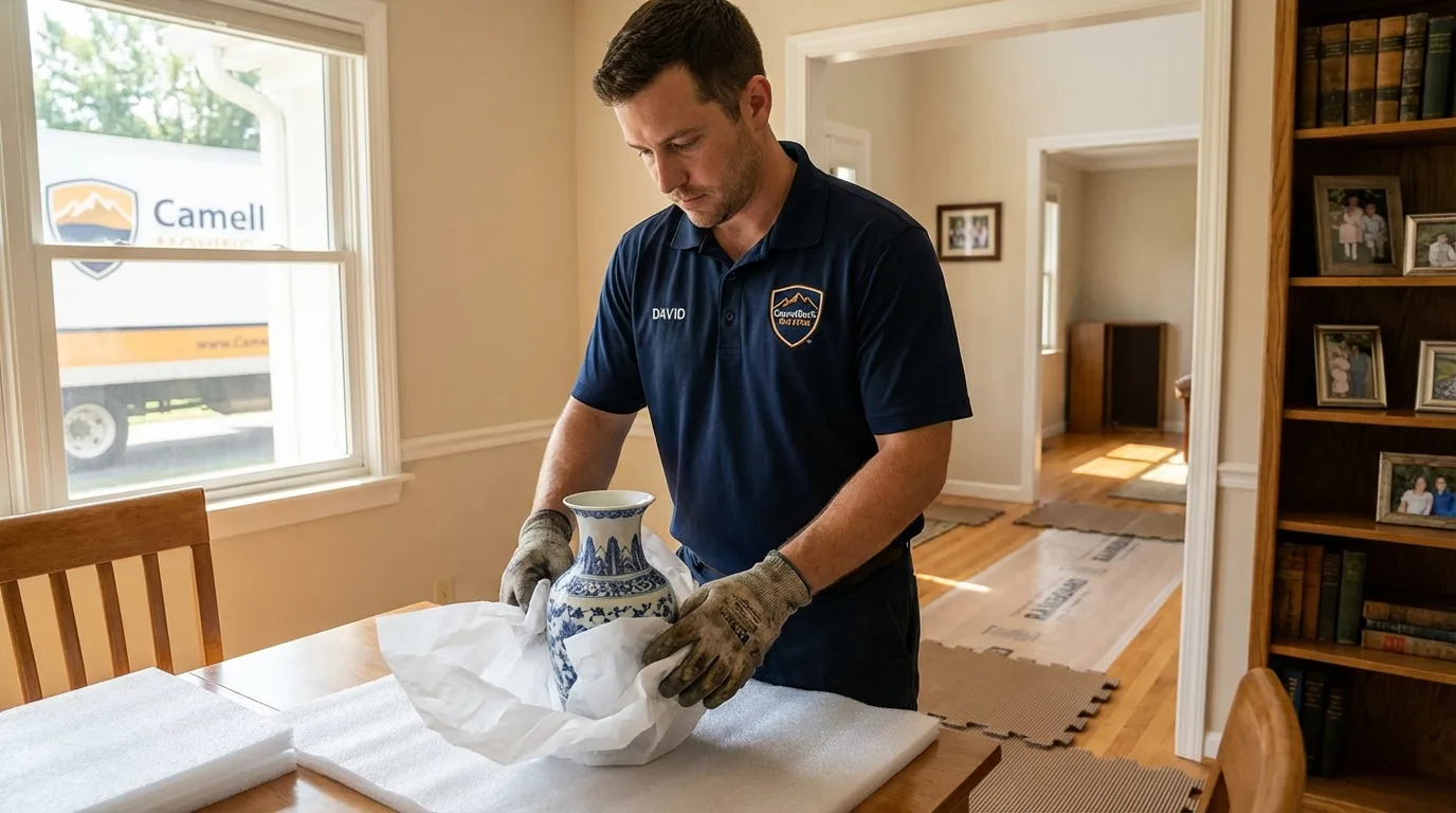 Professional crew carefully wrapping antique vase for senior downsizing move in Rindge, NH