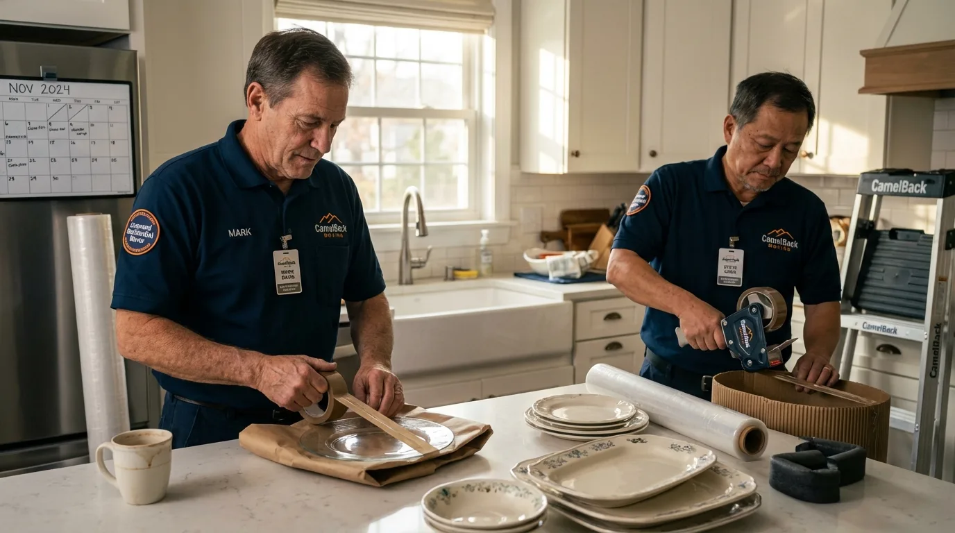 Professional crew packing kitchen dishware in Rindge, NH